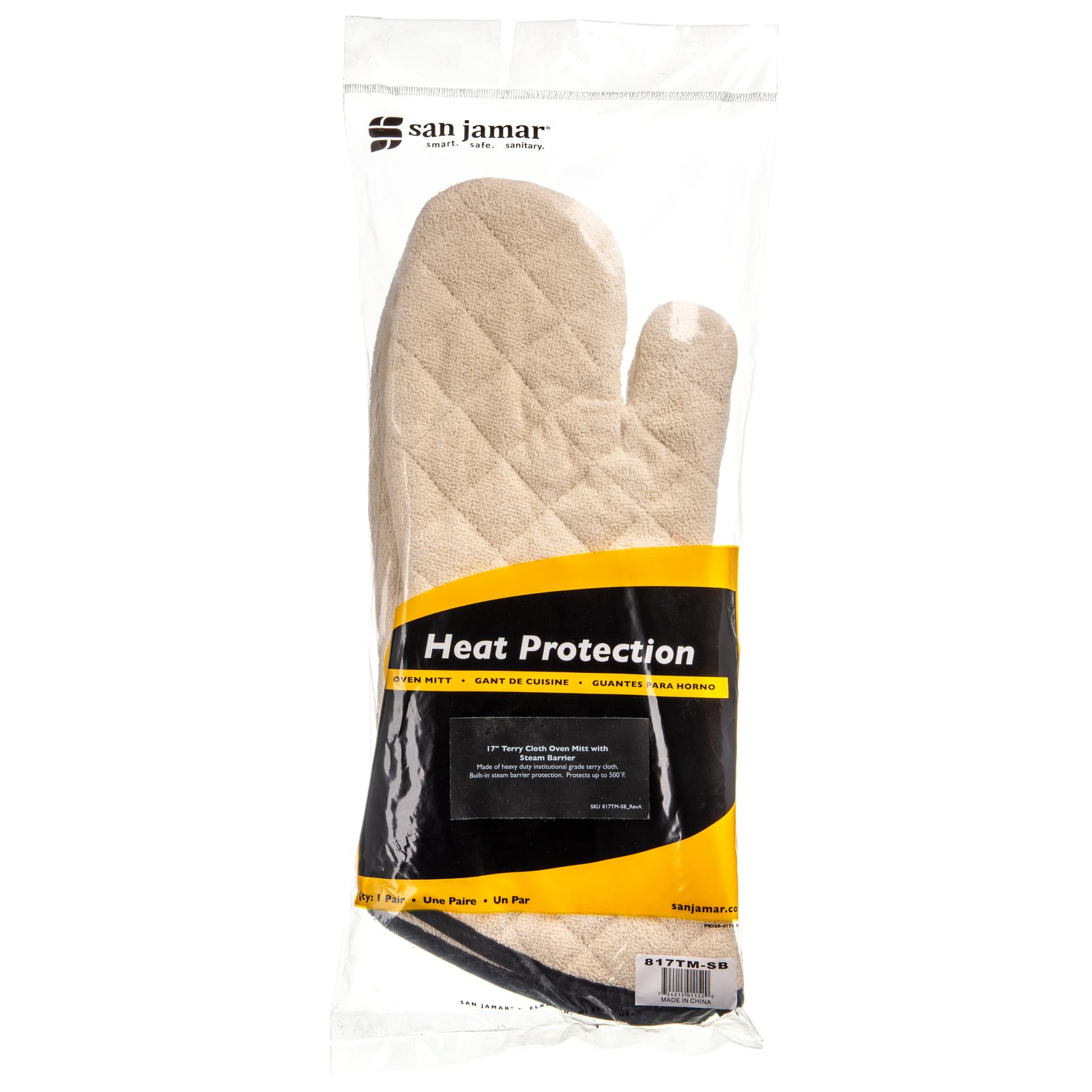 San Jamar 817TMSB 17 Terry Cloth Oven Mitts with Steam Barrier