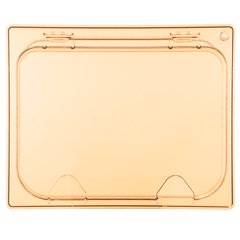 10439Z13 StorPlus™ High Heat EZ Access Hinged Notched Universal Food Pan Lid 1/2 Size - Amber
