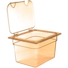 10439Z13 StorPlus™ High Heat EZ Access Hinged Notched Universal Food Pan Lid 1/2 Size - Amber