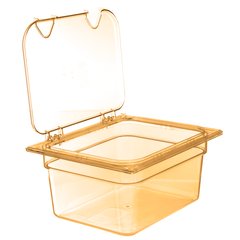 10439Z13 StorPlus™ High Heat EZ Access Hinged Notched Universal Food Pan Lid 1/2 Size - Amber