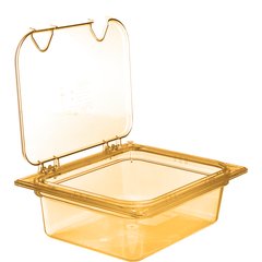 10439Z13 StorPlus™ High Heat EZ Access Hinged Notched Universal Food Pan Lid 1/2 Size - Amber