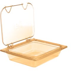 10439Z13 StorPlus™ High Heat EZ Access Hinged Notched Universal Food Pan Lid 1/2 Size - Amber