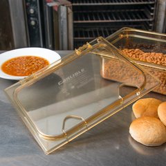 10439Z13 StorPlus™ High Heat EZ Access Hinged Notched Universal Food Pan Lid 1/2 Size - Amber
