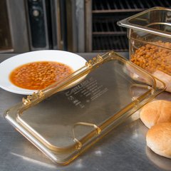 10479Z13 StorPlus™ High Heat EZ Access Hinged Notched Universal Food Pan Lid 1/3 Size - Amber