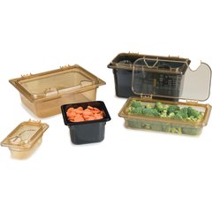 10439Z13 StorPlus™ High Heat EZ Access Hinged Notched Universal Food Pan Lid 1/2 Size - Amber