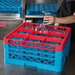 RG9-3C410 OptiClean™ 9-Compartment Divided Glass Rack with 3 Extenders 8.72" - Red-Carlisle Blue