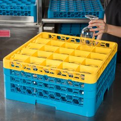 RG25-3C411 OptiClean™ 25-Compartment Divided Glass Rack with 3 Extenders 8.72" - Yellow-Carlisle Blue