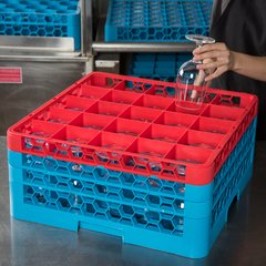 RG25-3C410 OptiClean™ 25-Compartment Divided Glass Rack with 3 Extenders 8.72" - Red-Carlisle Blue