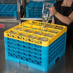 RG16-5C411 OptiClean™ 16-Compartment Divided Glass Rack with 5 Extenders 11.9" - Yellow-Carlisle Blue