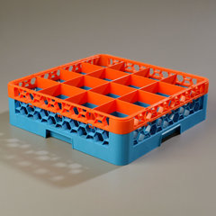 RG16-1C412 OptiClean™ 16-Compartment Divided Glass Rack with 1 Extender 5.56" - Orange-Carlisle Blue