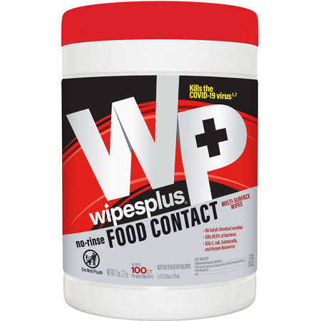 33808 - WipesPlus® 100ct No-Rinse Food Contact Multi-Surface Wipes, Canister 12/100s - White